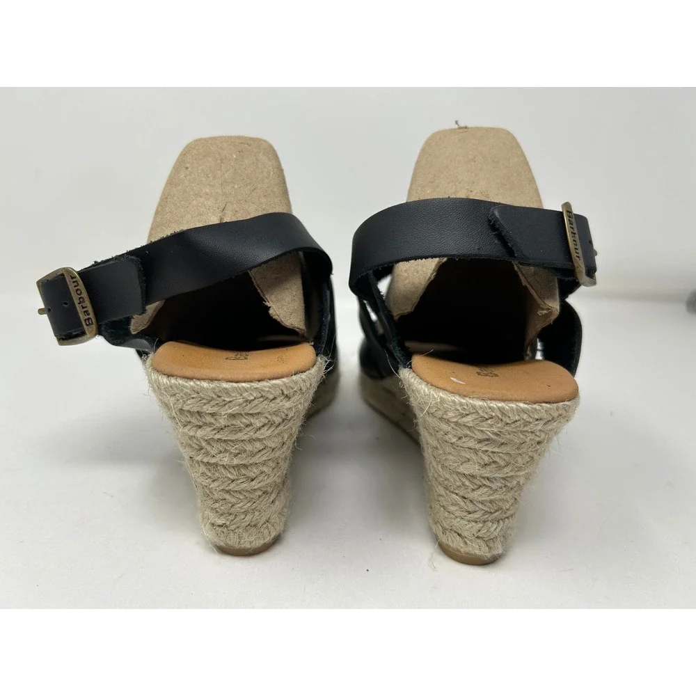 Barbour Black Leather Espadrille Wedge Sandals Buckle Ankle Strap Women's Size 9
